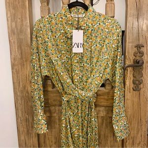 Zara Floral Button Up Self Tie Wrap MIDI Dress